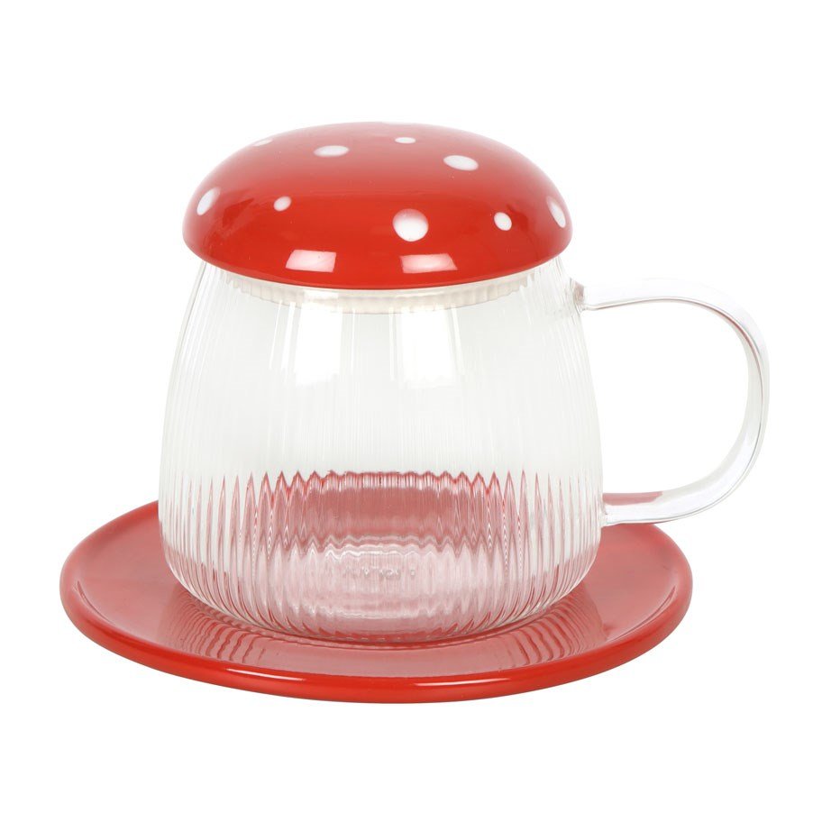 Toadstool Mushroom Glass Mug and Saucer - Mug - The Dark Rose Emporium