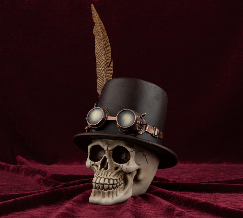 Steampunk Skull With Tophat And Feather - Decoration - The Dark Rose Emporium